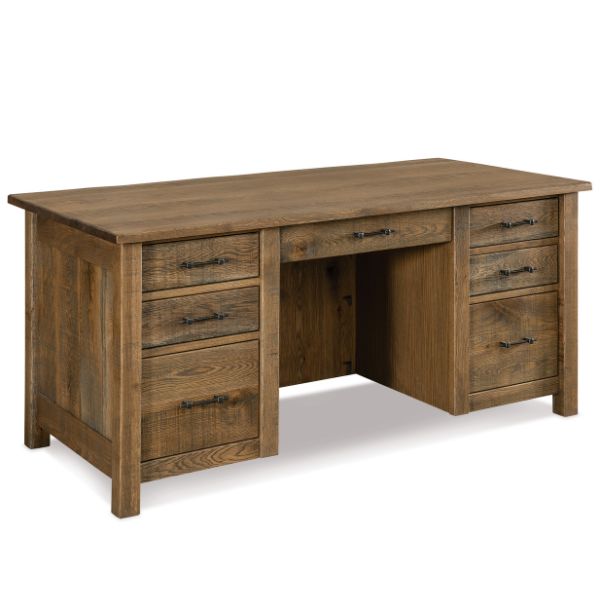 A rectangular Houston desk made of rough sawn rustic white oak with a solid top, featuring a kneehole section with pencil drawer and two file drawers in each pedestal, finished back.