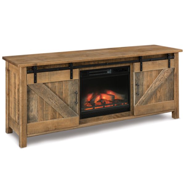 A rustic brown media stand with a fireplace, featuring wooden compartments and doors.