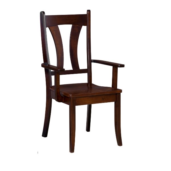 dark brown chair with a back that has a wooden design
