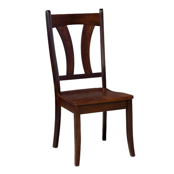 A brown wooden dining chair with a saddle scoop seat and a high backrest.
