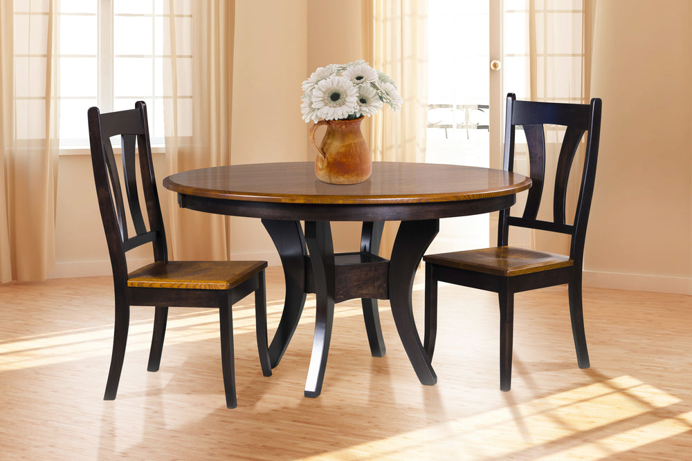 two toned wooden table with 2 chairs