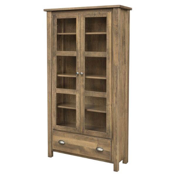 A brown maple wood bookcase with full-length glass doors and a single drawer. It has adjustable shelves and is shown in a traditional style with a flat, rectangular profile.