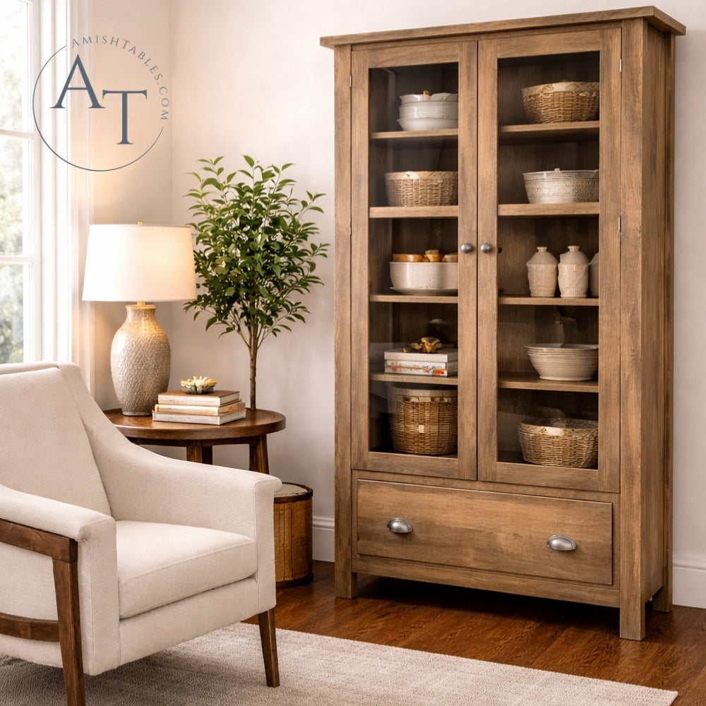 Wooden cabinet with glass doors in a room with a chair and lamp.