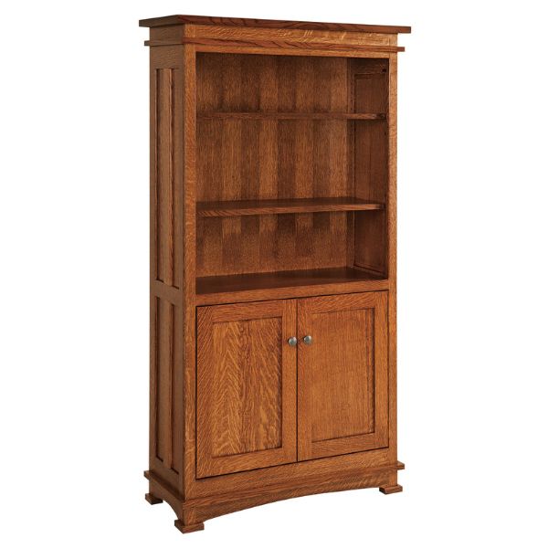 a warm wood finish bookshelf with cabinets