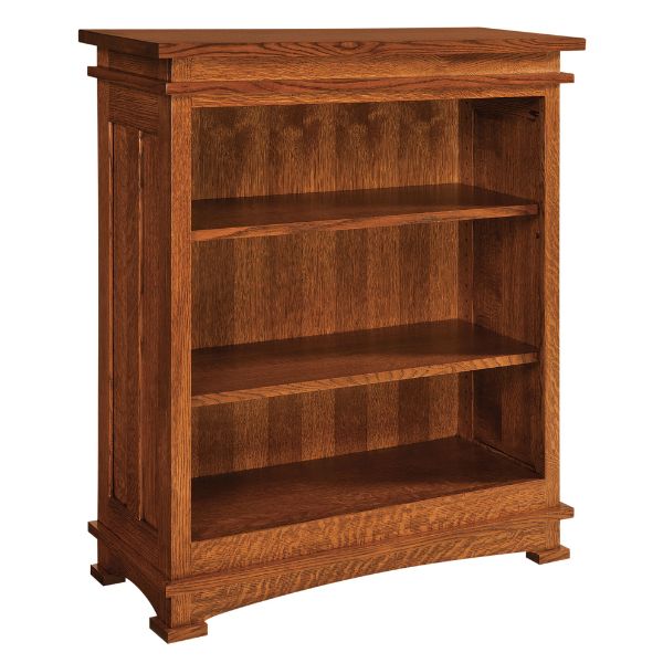A wooden bookcase with three shelves and soft-close doors, shown in a warm wood finish.