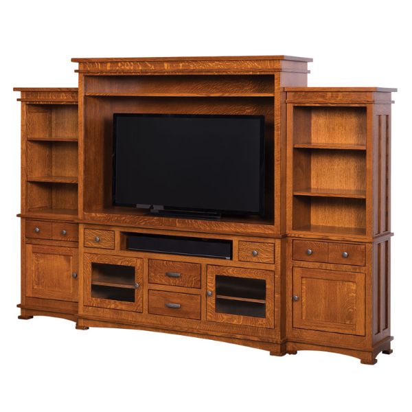 A brown Kenwood media wall unit with a flat-screen TV on top, multiple shelves, and drawers.