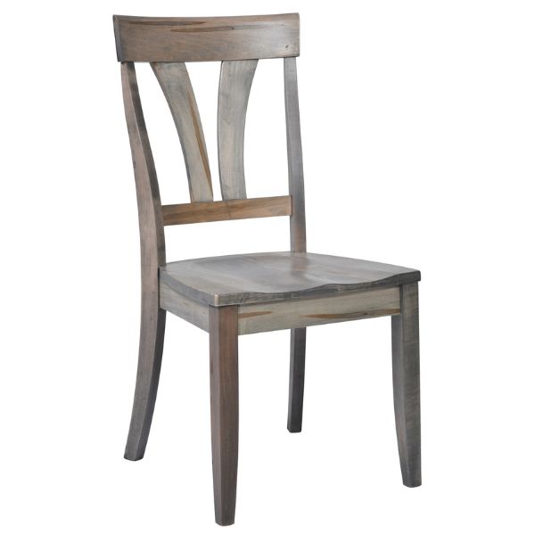 A dining chair made of solid reclaimed hardwood with a wood seat and backrest, shown in a rough sawn barnwood finish.