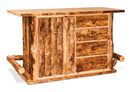 Rustic log kitchen bar cabinet made of solid wood with a clear coat stain finish, featuring drawers and a visible grain pattern.