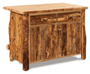 Rustic log kitchen island with a clear coat stain finish, featuring drawers and a double-door system.