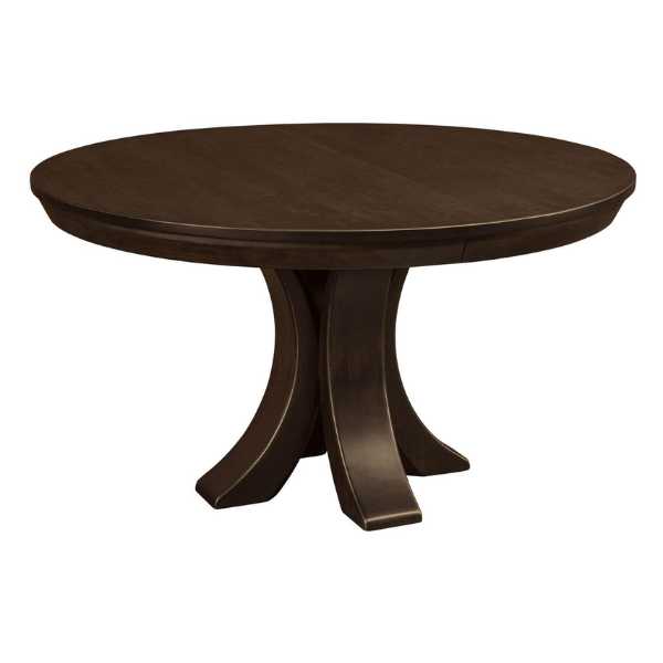 A round Korbyn pedestal dining table made of cherry wood with a charwood stain finish.