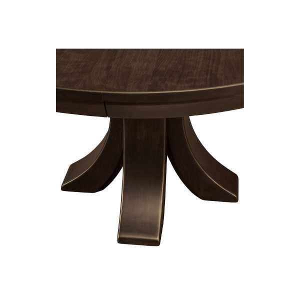 A round Korbyn pedestal dining table made of cherry wood with a charwood stain finish.