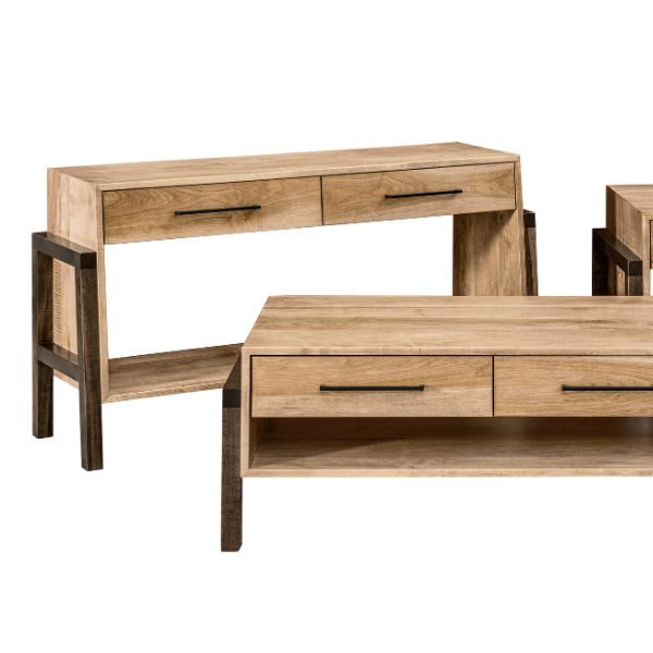A collection of three Lavale occasional tables made of wood, featuring a coffee table, an end table with drawer, and an end table with a drawer, all with a rectangular shape and a visible wood grain.