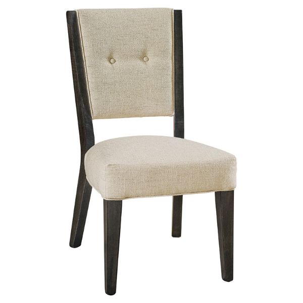 A beige upholstered Lebanon dining chair with solid hardwood construction, featuring a button-tufted backrest and dark brown legs.