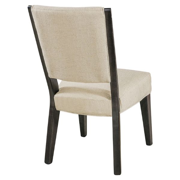 back of a beige upholstered Lebanon dining chair with solid hardwood construction and dark brown legs.