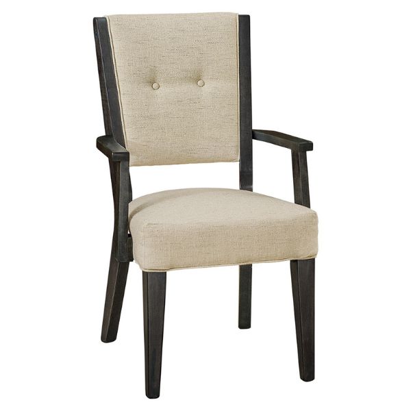 A beige upholstered Lebanon dining chair with solid hardwood construction, featuring a button-tufted backrest and dark brown legs and arms