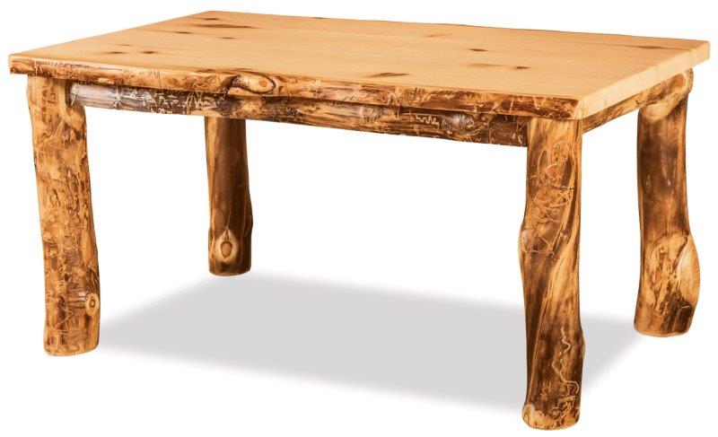 A rustic log dining table with a clear coat stain finish, featuring a solid top and leg style base, made of wood with visible natural wood patterns.
