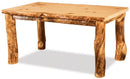A rustic log dining table with a clear coat stain finish, featuring a solid top and leg style base, made of wood with visible natural wood patterns.