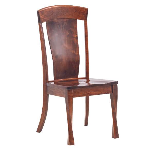 A wooden dining chair with a slatted backrest and seat, Turned leg design, and a brown stain finish.