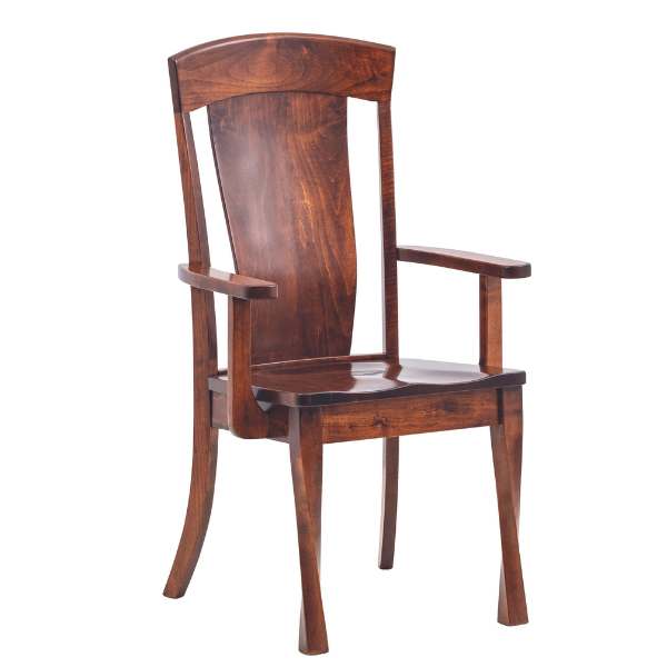 A wooden dining chair with a slatted backrest and seat, Turned leg design, and a brown stain finish.