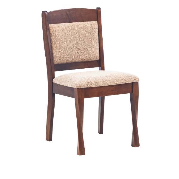 A traditional style dining chair with a wooden frame and beige upholstered padding.
