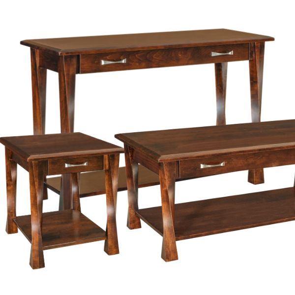 A set of three brown wooden tables from the Lexington Occasional Collection, including a coffee table, an end table, and a sofa table, each with a solid top and distinctively styled legs.