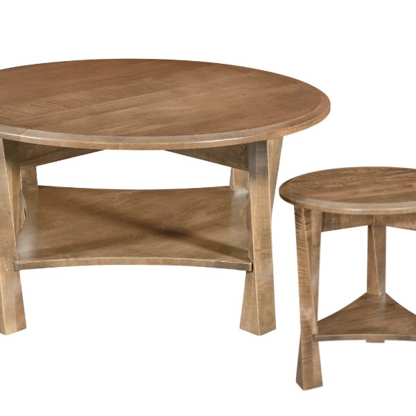 Two circular tables from the Lexington Round Occasional Collection, one larger with a shelf and smaller end table, both with a solid brown wood finish and tapered legs.