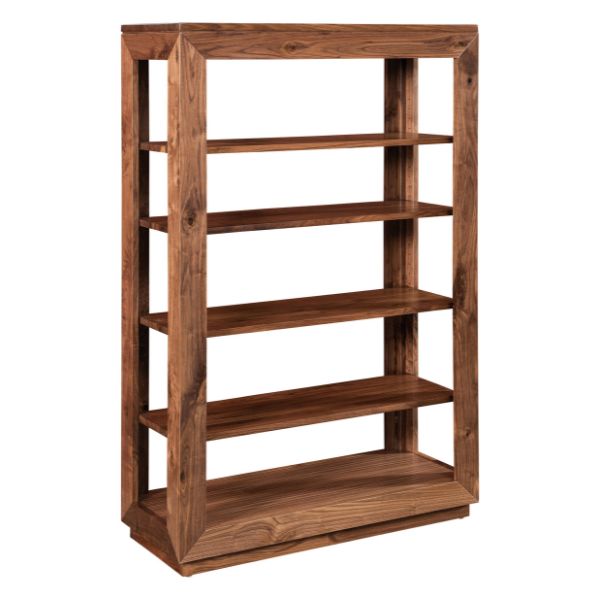 A tall, brown wooden bookcase with eight shelves, featuring a solid wood construction and adjustable shelves.