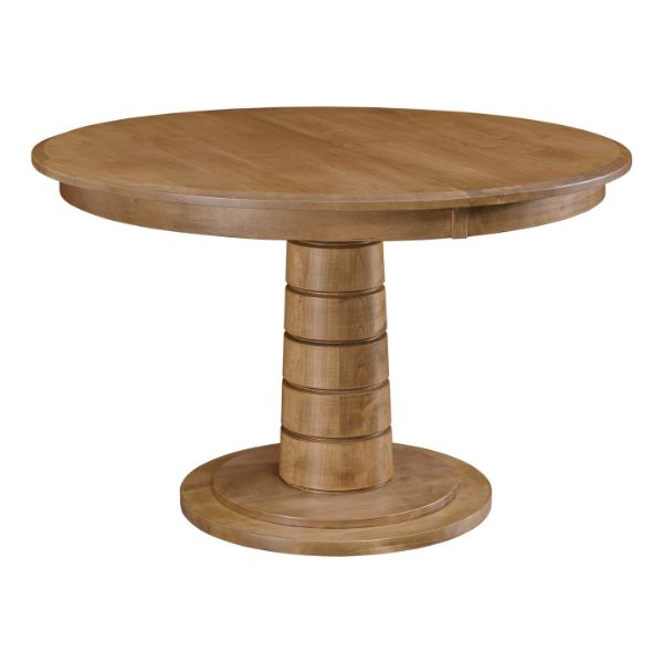 Round pedestal dining table with a solid top and a brown wood finish, made by Craftmaster.