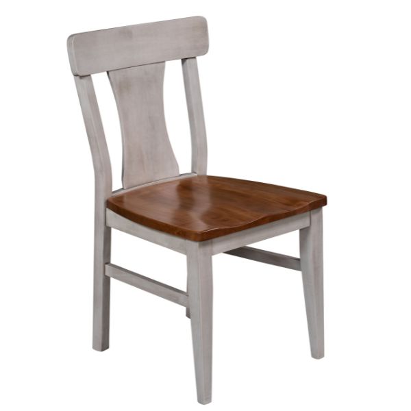 A gray wooden dining chair with a upholstered seat and backrest, constructed with solid hardwood and stained wood legs.