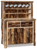 Rustic log furniture piece with a clear coat stain finish, featuring multiple drawers and a log-patterned door.