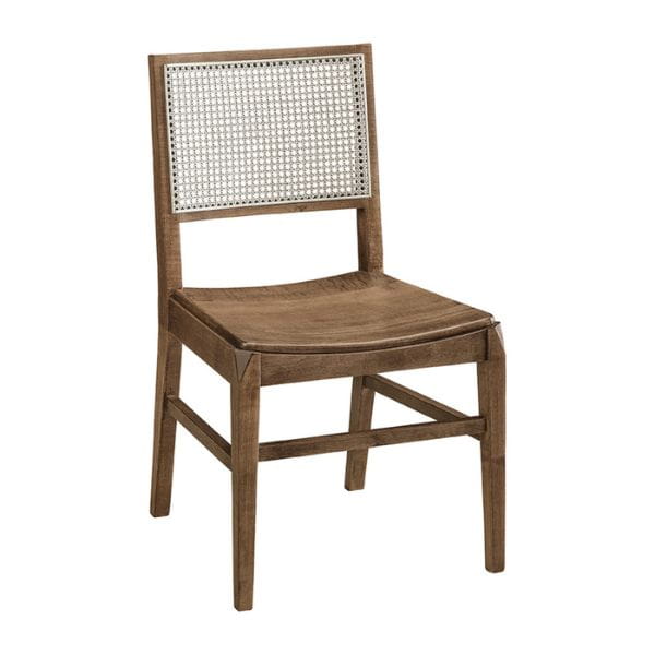 Wooden chair with woven backrest and upholstered seat on a white background