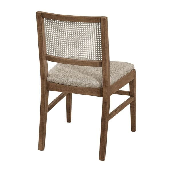 Wooden chair with woven backrest and upholstered seat on a white background
