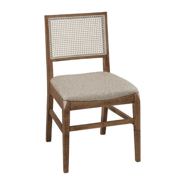 Wooden chair with woven backrest and upholstered seat on a white background