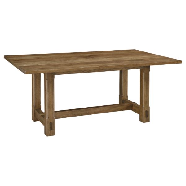 Rectangular rustic hickory wood dining table with a mission edge and trestle support legs.