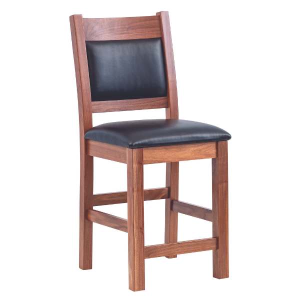 A traditional bar stool with a wooden frame and a black upholstered seat and backrest.