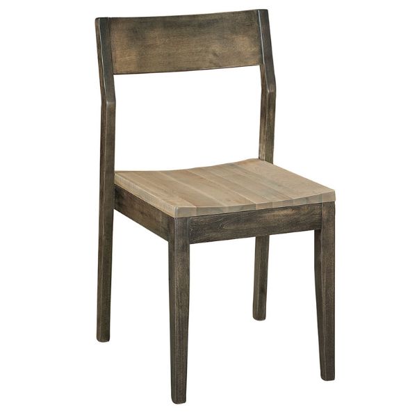 A contemporary styled Maurice dining chair with a wood seat and backrest, displayed against a white background.