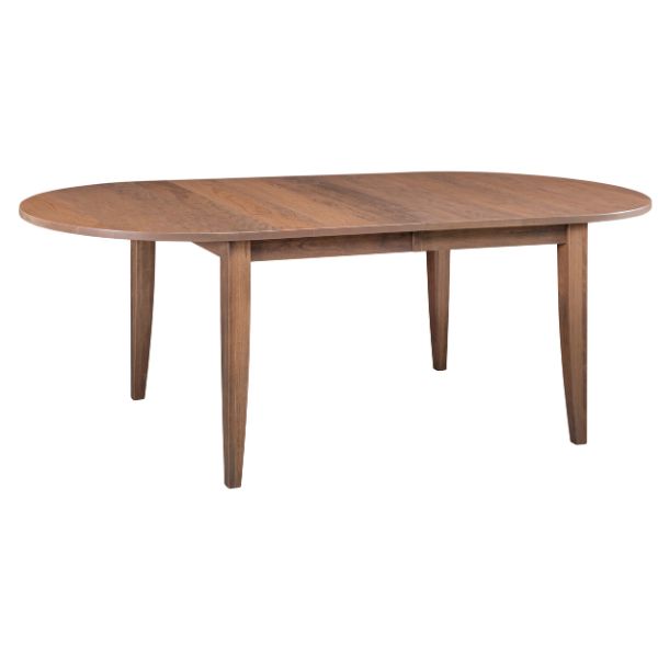 An oval-shaped dining table with a brown wood finish and visible grain patterns, supported by six legs, with a skirt running along its length.