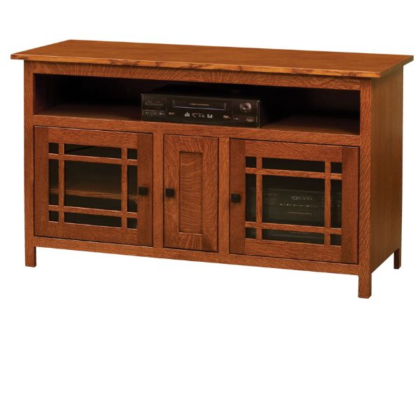 A brown wooden media stand with glass doors and multiple compartments, featuring a flat-screen TV on top.