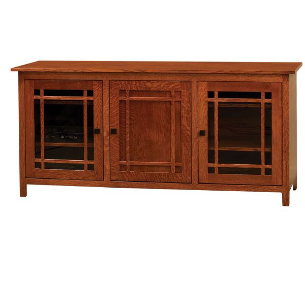 A brown wooden media stand with glass doors and multiple compartments, featuring a flat-screen TV on top.