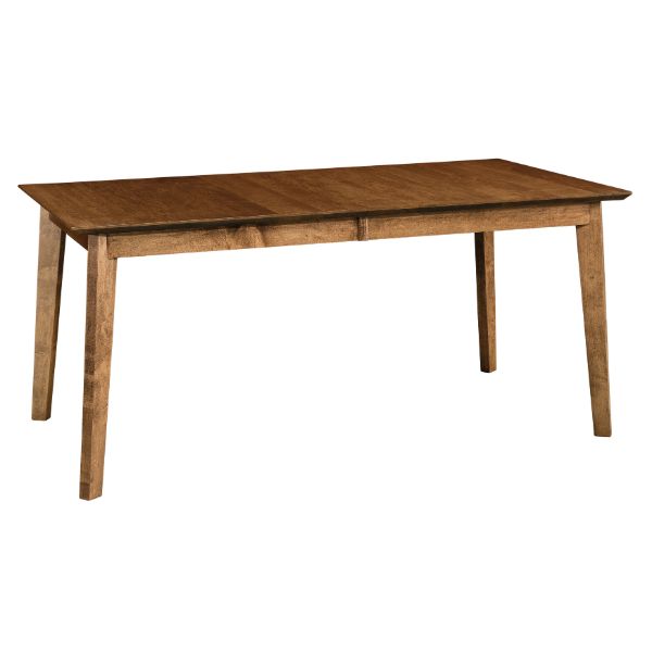 Rectangular dining table with a solid top and wooden legs, shown in a brown stain finish.