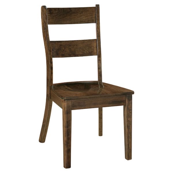 A brown Nantucket dining chair with a unique contemporary ladder-back slatted design, made of solid wood.