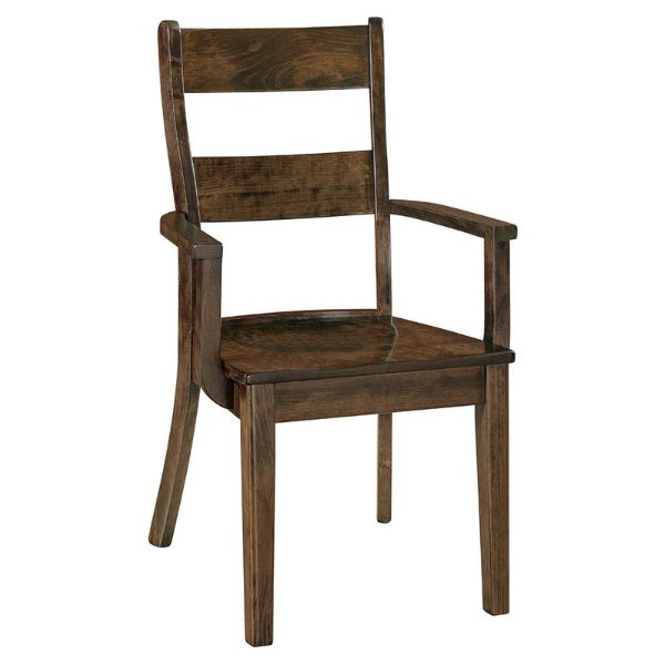back of a brown Nantucket dining chair with a unique contemporary ladder-back slatted design, made of solid wood.