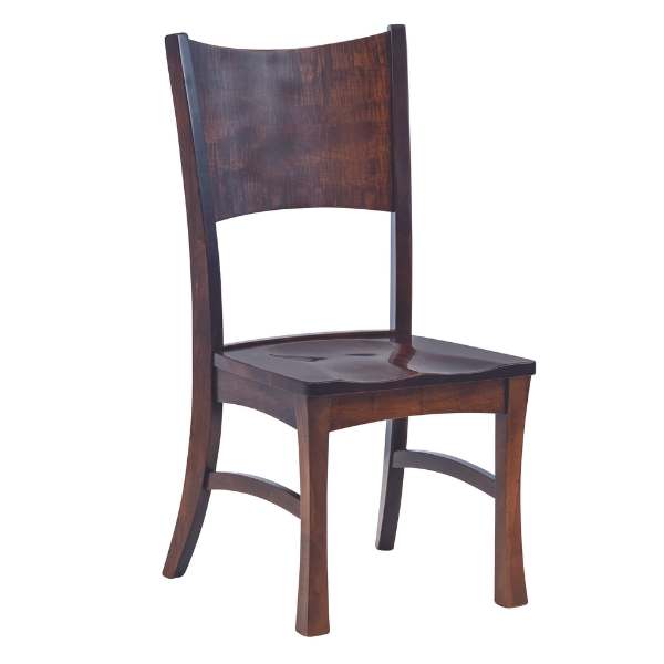 A brown wooden dining chair with a full back and seat, showcasing a traditional design.