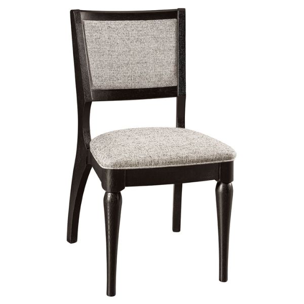 An upholstered dining chair with a gray fabric seat and backrest, and a black hardwood frame.