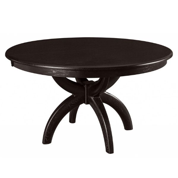 A round pedestal table with a black tabletop and a curved base, made of red oak with ebony stain.