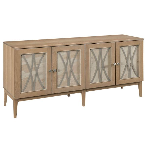 A contemporary style sideboard with a wood frame and metal base, featuring glass inserts and silver metal handles.