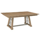 A rectangular trestle extension table with a wooden top and a unique metal base in a silver color.