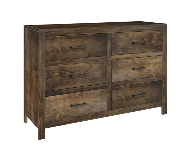A brown maple wood dresser with six drawers, featuring a rustic and contemporary design with knocked edges and full extension drawer slides.
