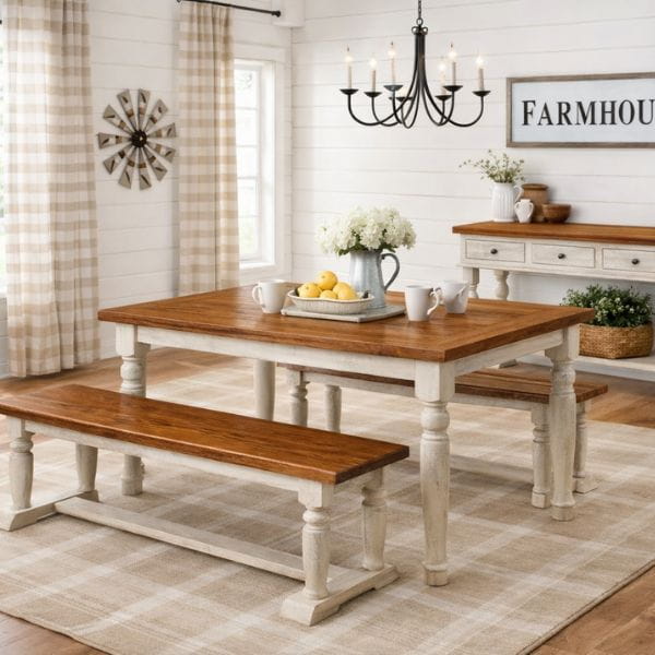 Dining room with wooden table and benches, plaid curtains, and a chandelier.