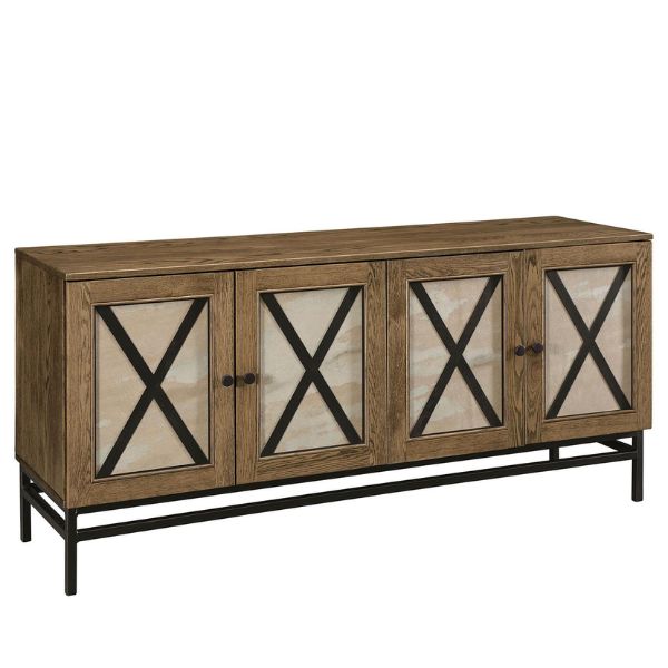 A contemporary sideboard with a wood frame and metal base, featuring glass inserts and black metal handles.